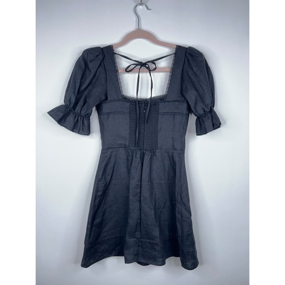 Reformation Evianna Linen Dress Black Square Neck Lace Mini Classic Size 0 - Picture 2 of 13